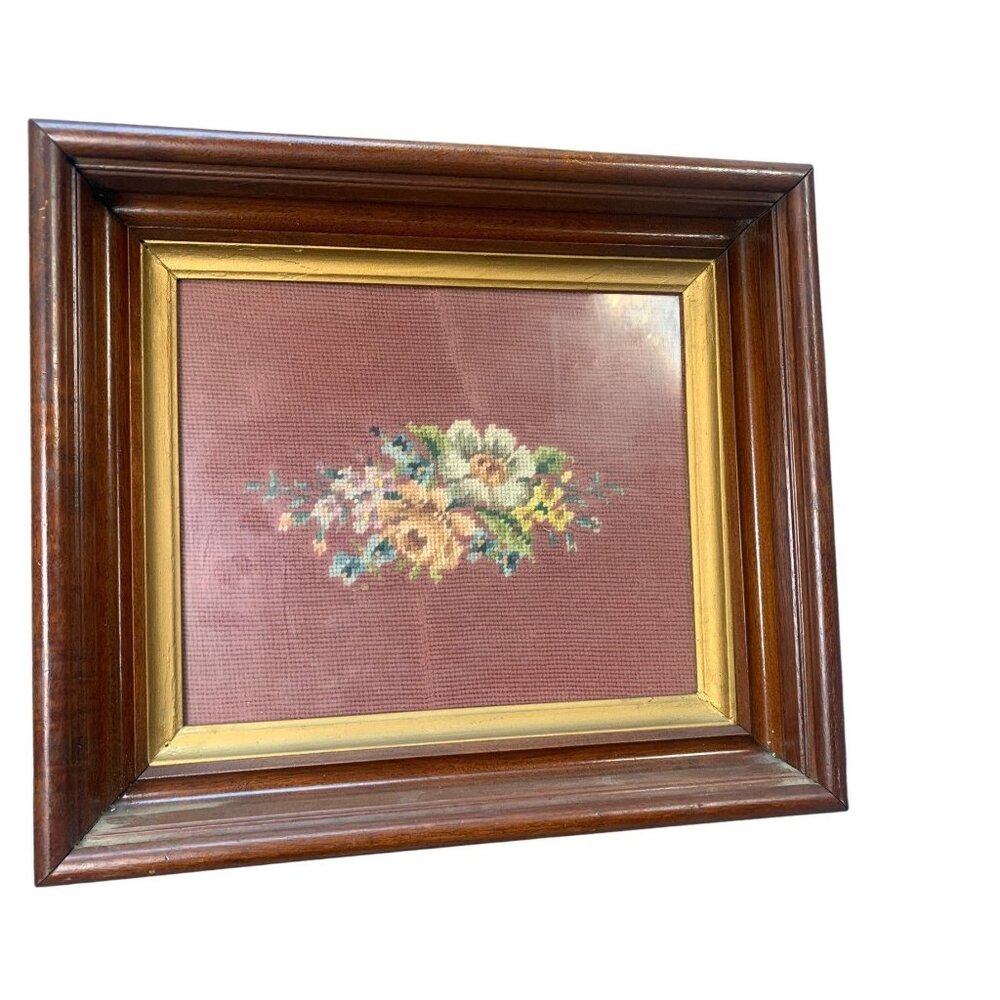 Vintage Framed Floral Needlepoint Art with Wood Frame & Glass Cover